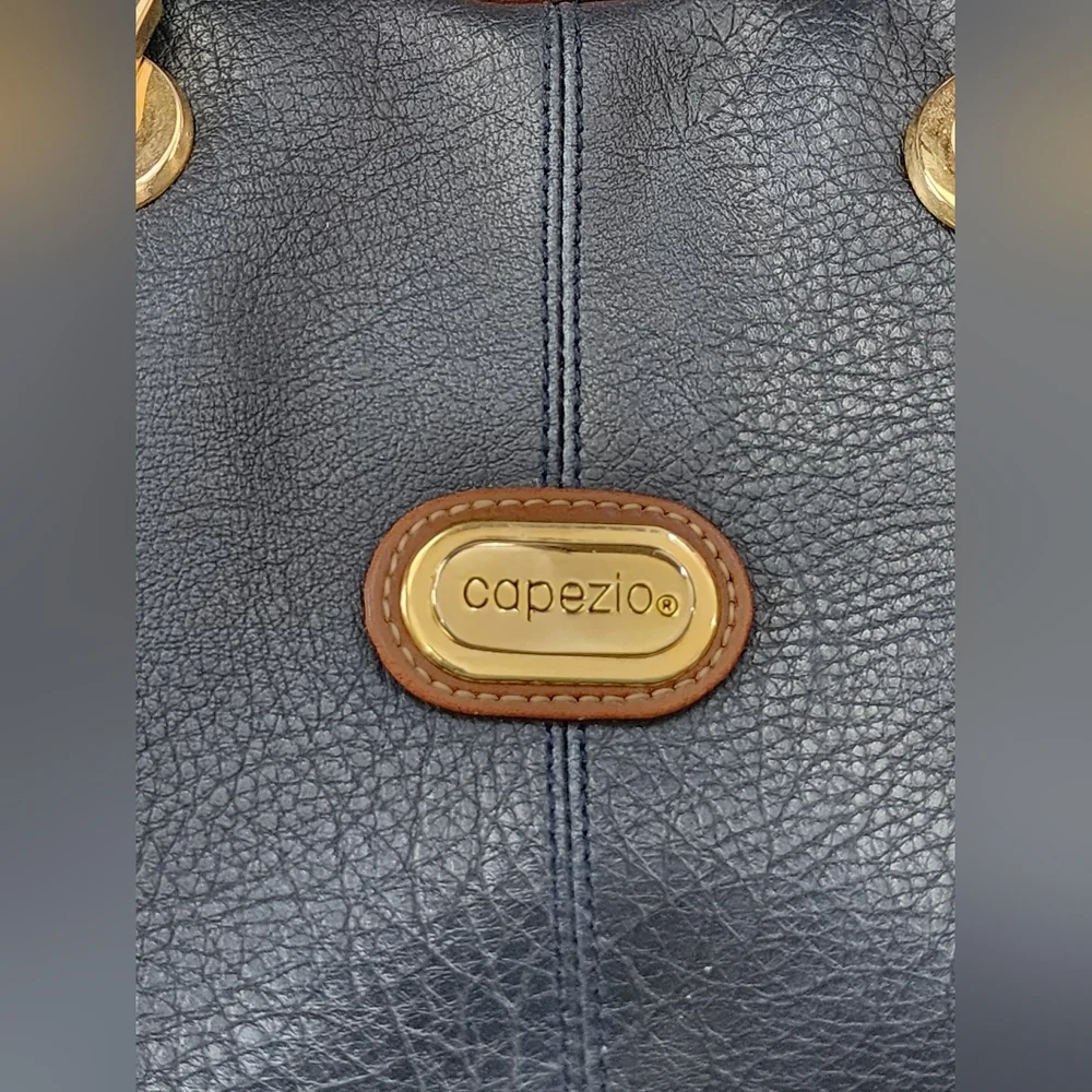 CAPEZIO vintage double handles handbag, navy blue/brown/gold